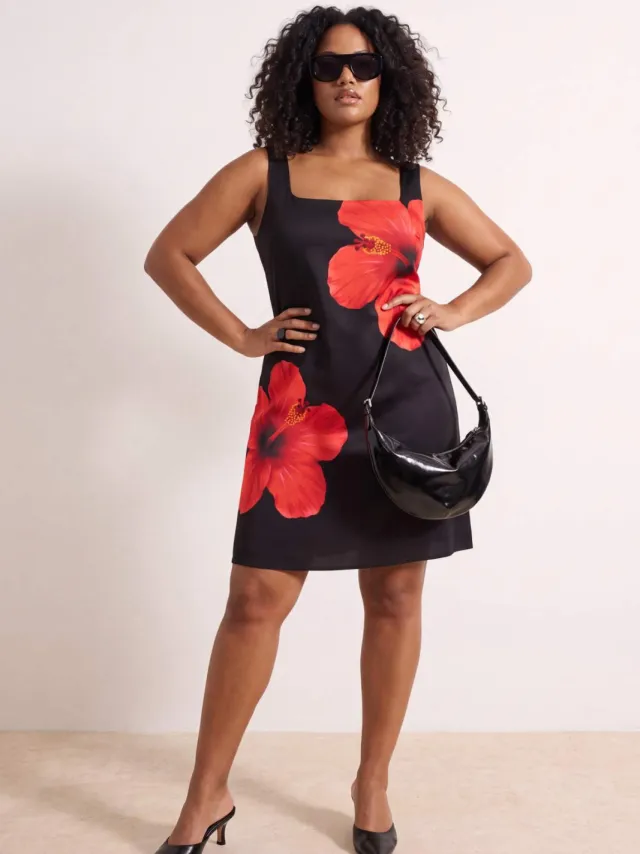 Trendyol Curve Dames Zwart Bloemen Kort / Mini Mouwloos A-lijn Grote maten Jurk