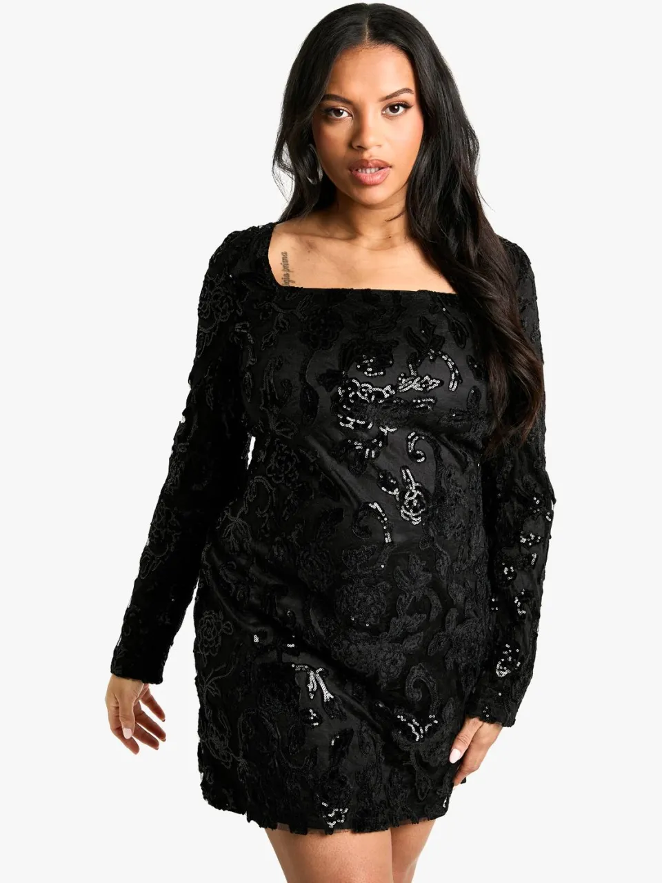 boohoo Dames Plus Demask Bodycon-jurk met vierkante hals Zwart