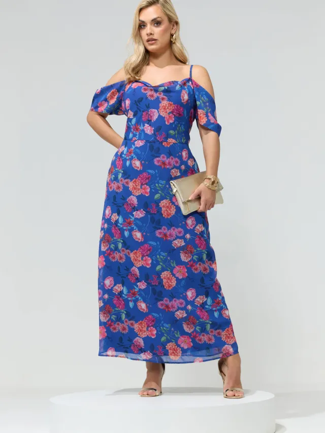 Yours London Blauwe Bloemenjurk Met Open Schouders Blue