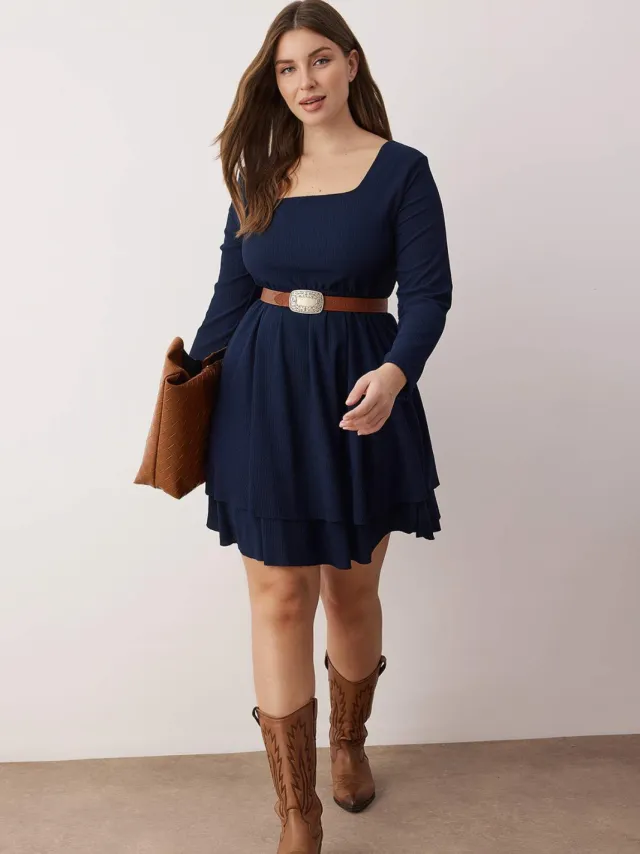 Trendyol Curve Dames Donkerblauw Effen Kort / Mini Lang Casual Skater Grote maten Jurk Marineblauw/Blauw