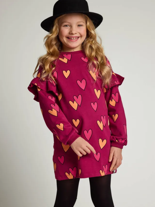 LOOXS little sweatjurk met ruches en hartjes donkerrood