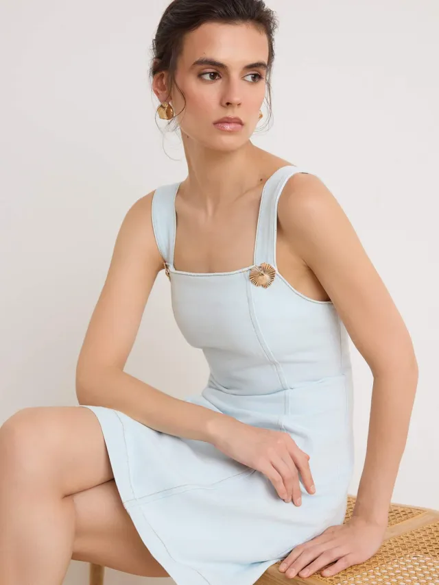 Trendyol TRENDYOLMİLLA Dames Blauw Effen Kort / Mini Mouwloos A-lijn Jurken