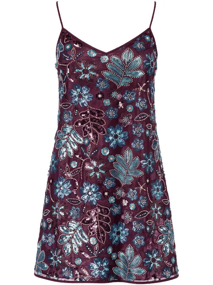 Harper & Yve gebloemde cocktailjurk met pailletten donkerpaars paars/blauw, foto 2