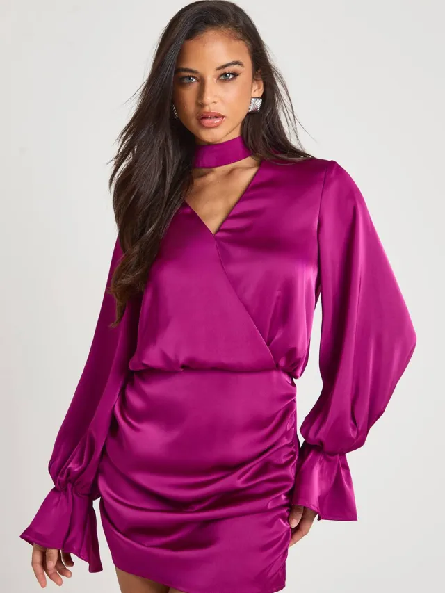 boohoo Dames Satijn Blouson Wikkeljurk Magenta