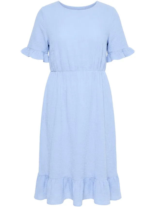MIAMODA Dames - Mousseline jurk midilengte volants korte mouw - Ochtend blauw