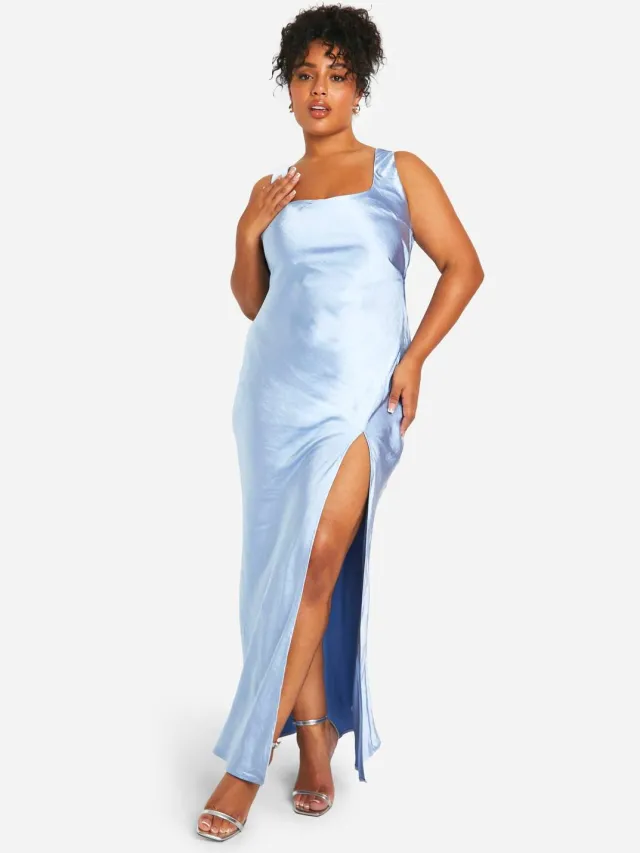 boohoo Dames Plus Bridesmaid Satijn Vierkante Hals Maxi Jurk Blauw