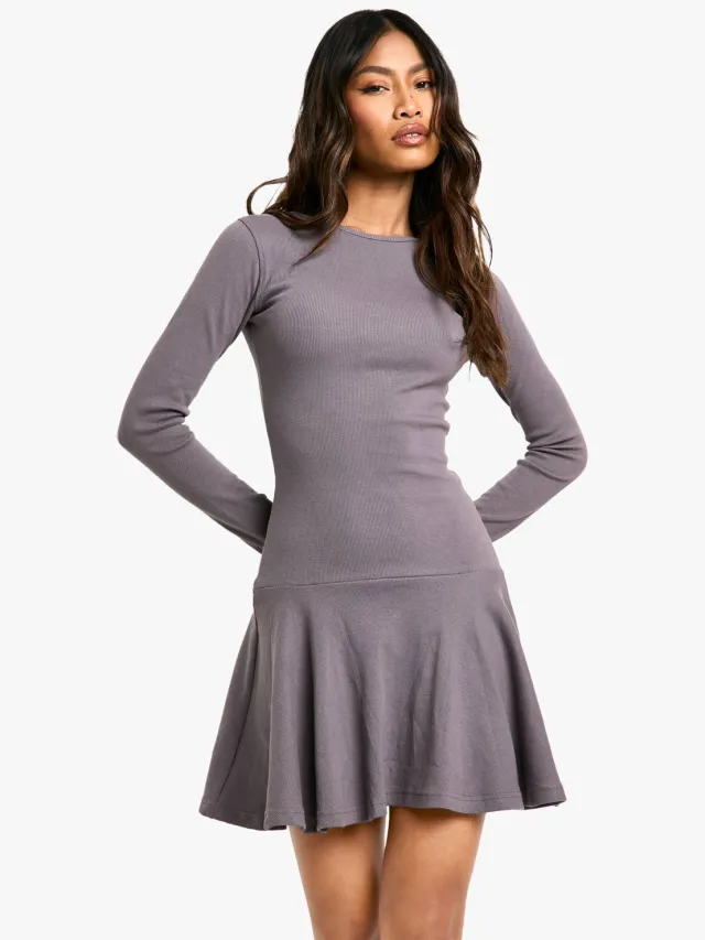 boohoo Dames Rib Dropped Hem Skater Dress Grijs