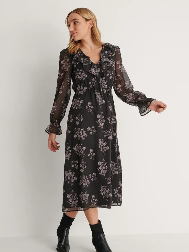 NA-KD Frill V-Neck Midi Dames Jurk Flower Print