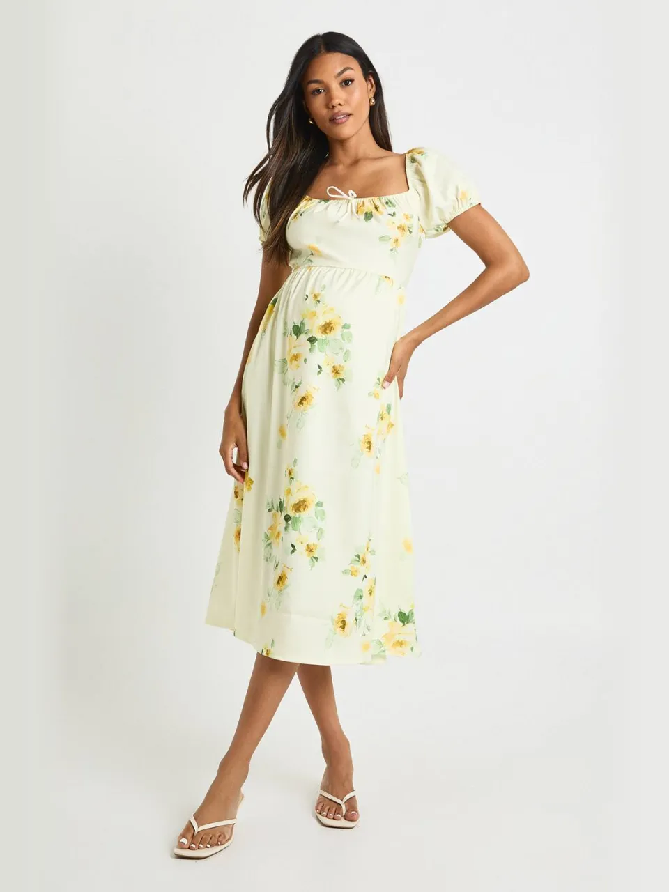 boohoo Dames zwangerschapsjurk met bloemenprint in melkmeesjestijl midi jurk citroen, foto 3