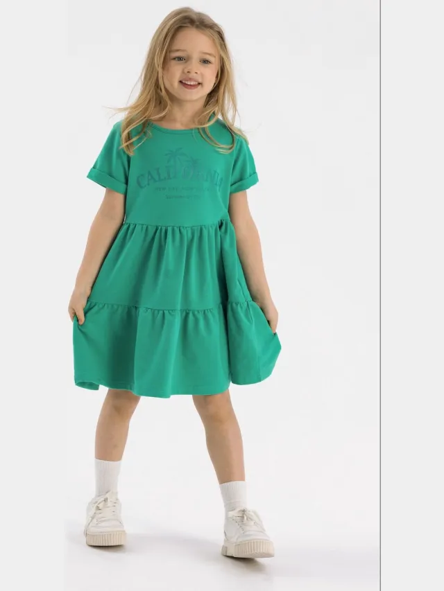 Minoti sweatjurk meisjes korte mouw met gelaagde rok en print - groen