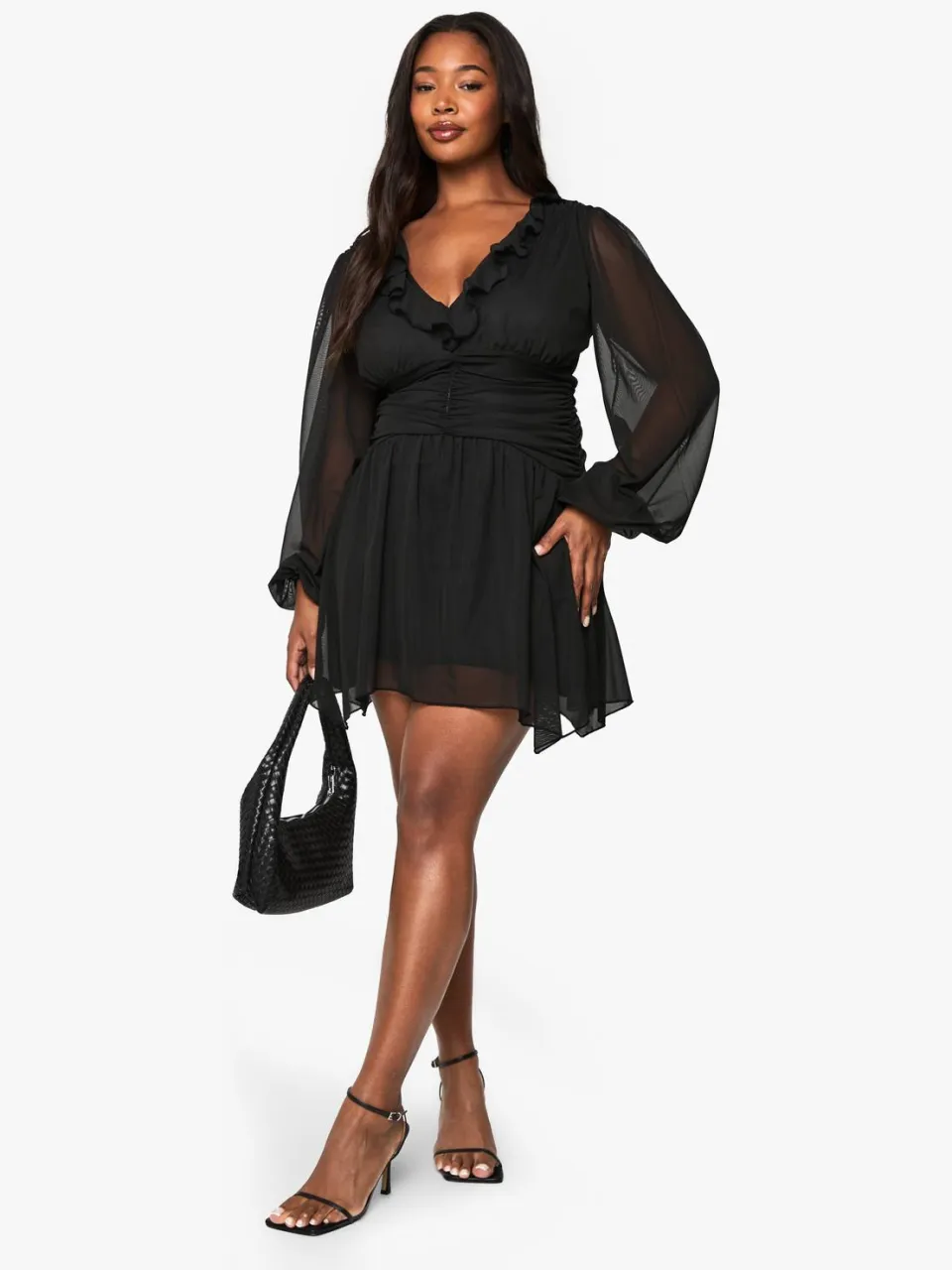 boohoo Dames plus mesh rokjurk met ruches en skaterjurk zwart, foto 3