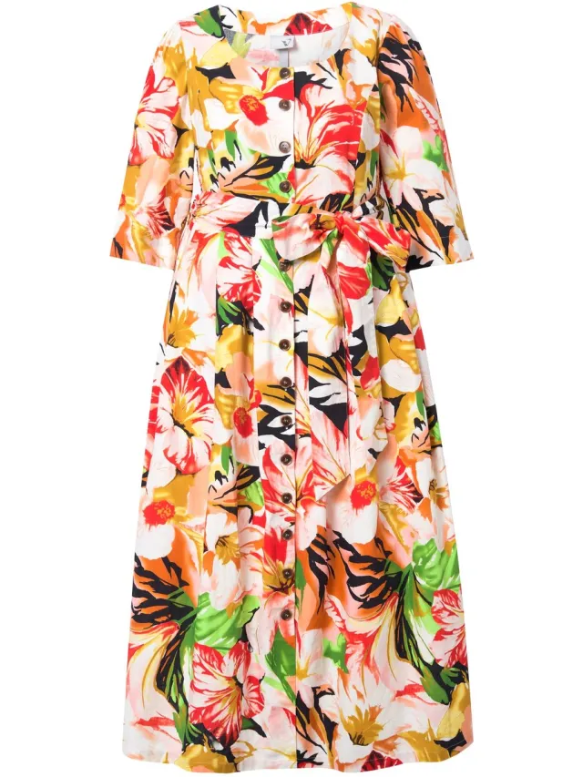 Ulla Popken Dames - Maxi-jurk linnenmix A-lijn ronde hals 3/4-mouwen - Klaproosrood - Maat 58+