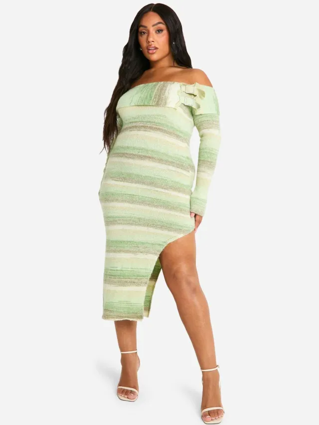boohoo Dames Plus Bardot Buckle gebreide jurk Groente