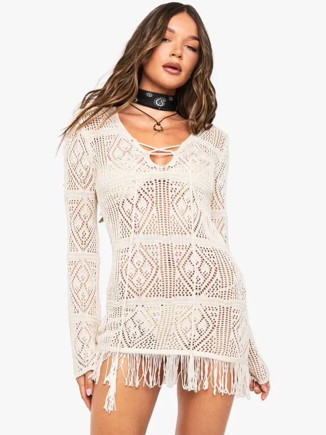boohoo Dames Tassel Gehaakte Strandtuniek Steen