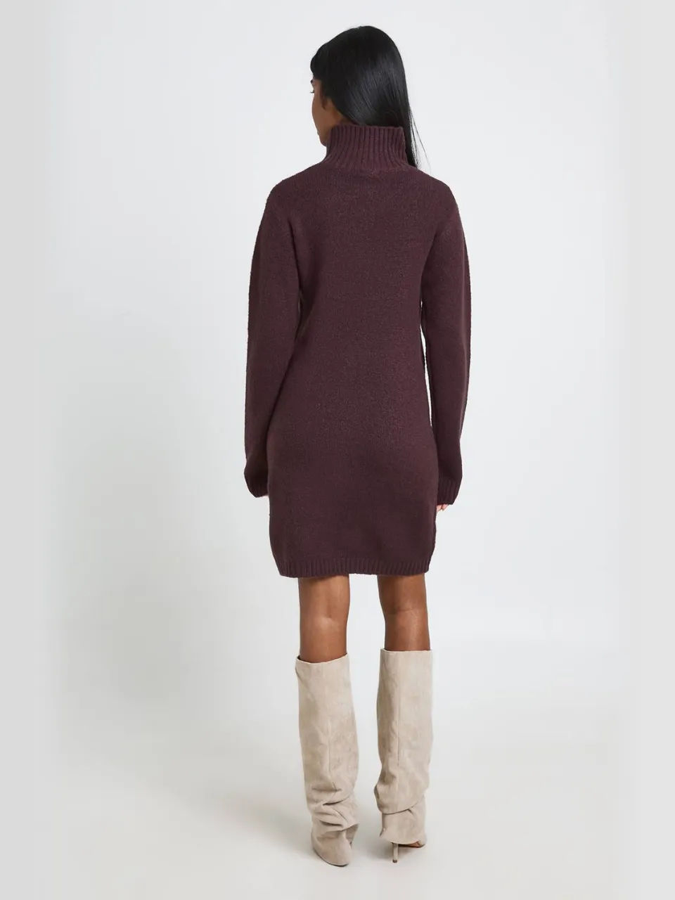 boohoo Dames Gebreide Mini Trui-jurk Met Hoge Hals En Naaddetail chocoladebruin, foto 2