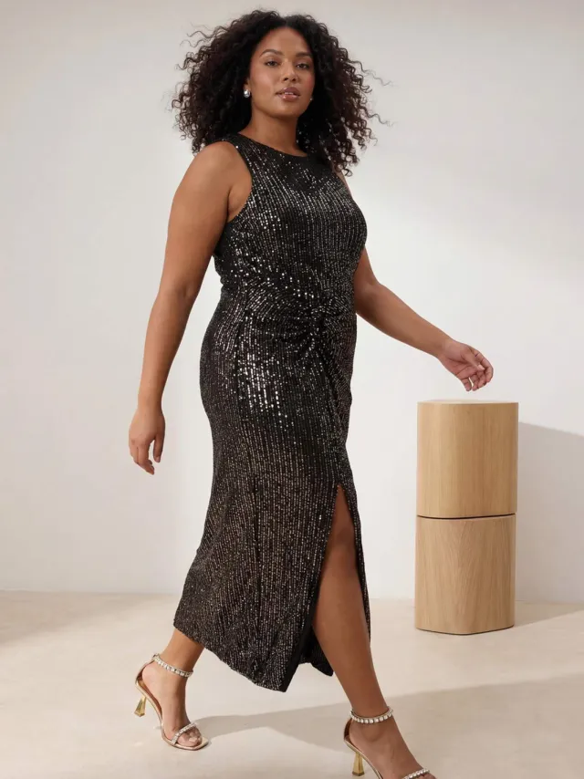 Trendyol Curve Dames Goudkleurig Effen Midi Mouwloos Stijlvol/Avond Recht Grote maten Jurk