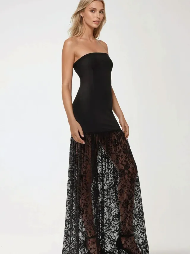 Hiccup Halsloze Maxi Bodycon Jurk met Kantdetails zwart, foto 2