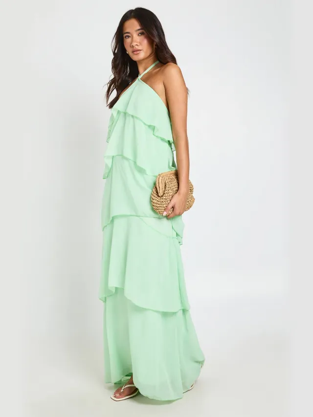 boohoo Dames Chiffon Gelaagde Halternek Maxi Jurk munt