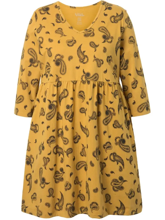 Ulla Popken Dames - Longshirt A-lijn V-hals 3/4-mouwen zakken - Mosterd - Maat 42+