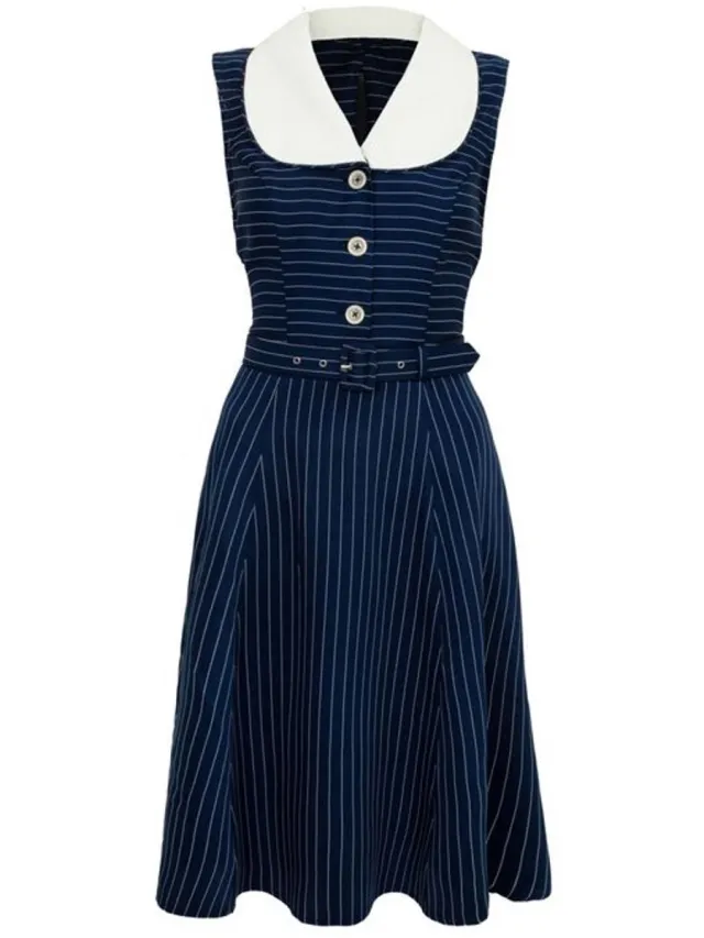 Hell Bunny Costello Dames Midi-jurk - blauw/wit blauw;wit