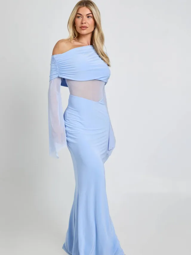 boohoo Dames Mesh Maxi Jurk Met Omgevouwen Detail En Éen Mouw Babyblauw