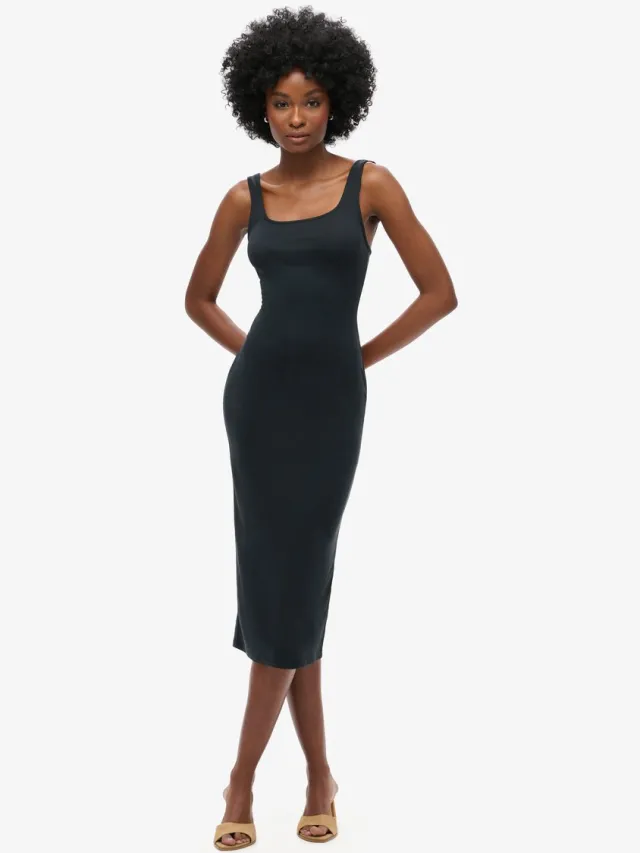 Superdry Jersey midi-jurk met vierkante hals - Dames - Jurken black