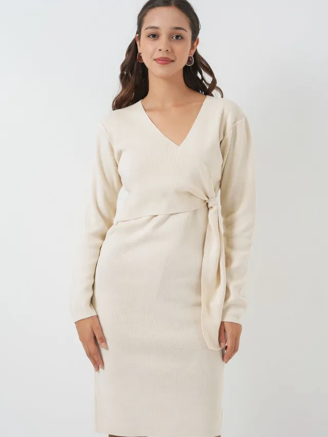 Big Dart Bodycon Midi-jurk met V-hals en striksluiting Ivoor