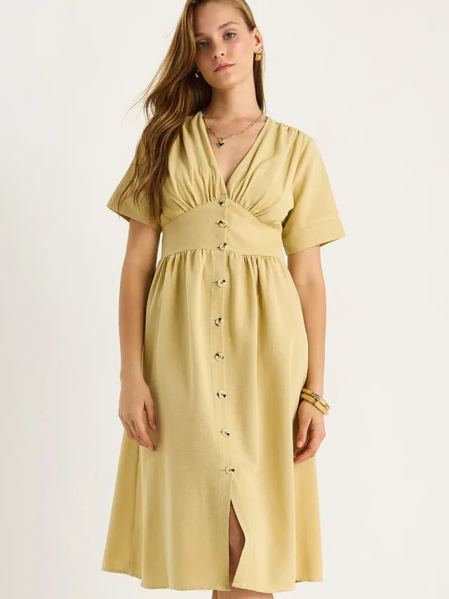 Bianco Lucci V-hals Knop Midi Shirt Jurk Geel