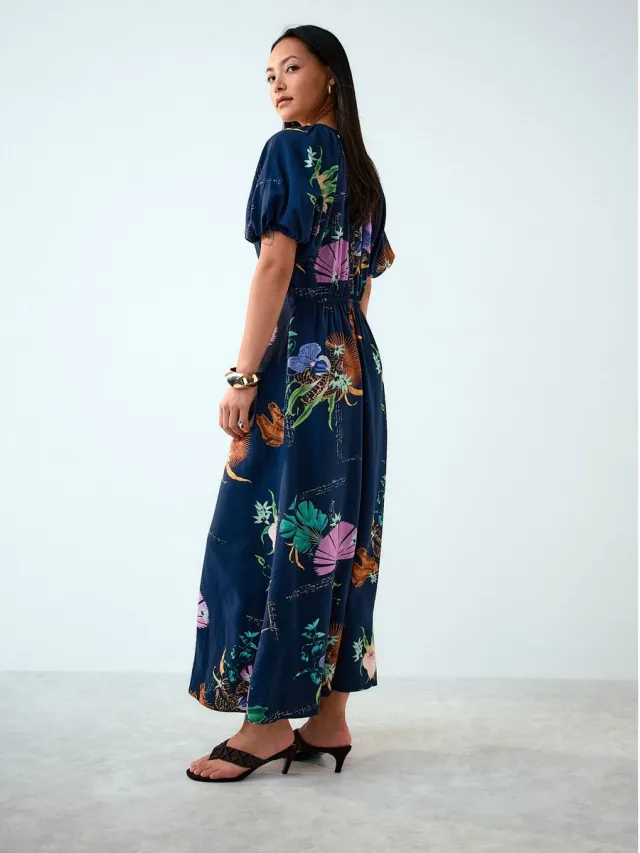 Next Dames - Halflange jurk met pofmouwen - Tall - Blauw Kew Collection Navy Blue Floral Print
