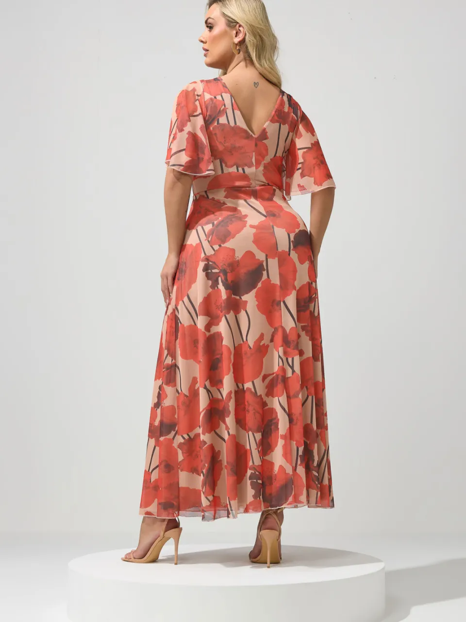 Yours London Naturelbruine Bloemenprint Abstracte Mesh Jurk, foto 3