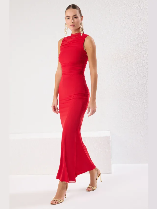 Trendyol TRENDYOLMİLLA Dames Rood Effen Maxi Mouwloos Diploma-uitreiking / Gala Recht Avond & Gala Jurk