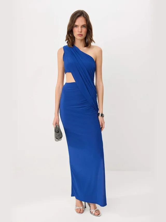 Trendyol TRENDYOLMİLLA Dames Blauw Effen Maxi Mouwloos Recht Avond & Gala Jurk Kobaltblauw