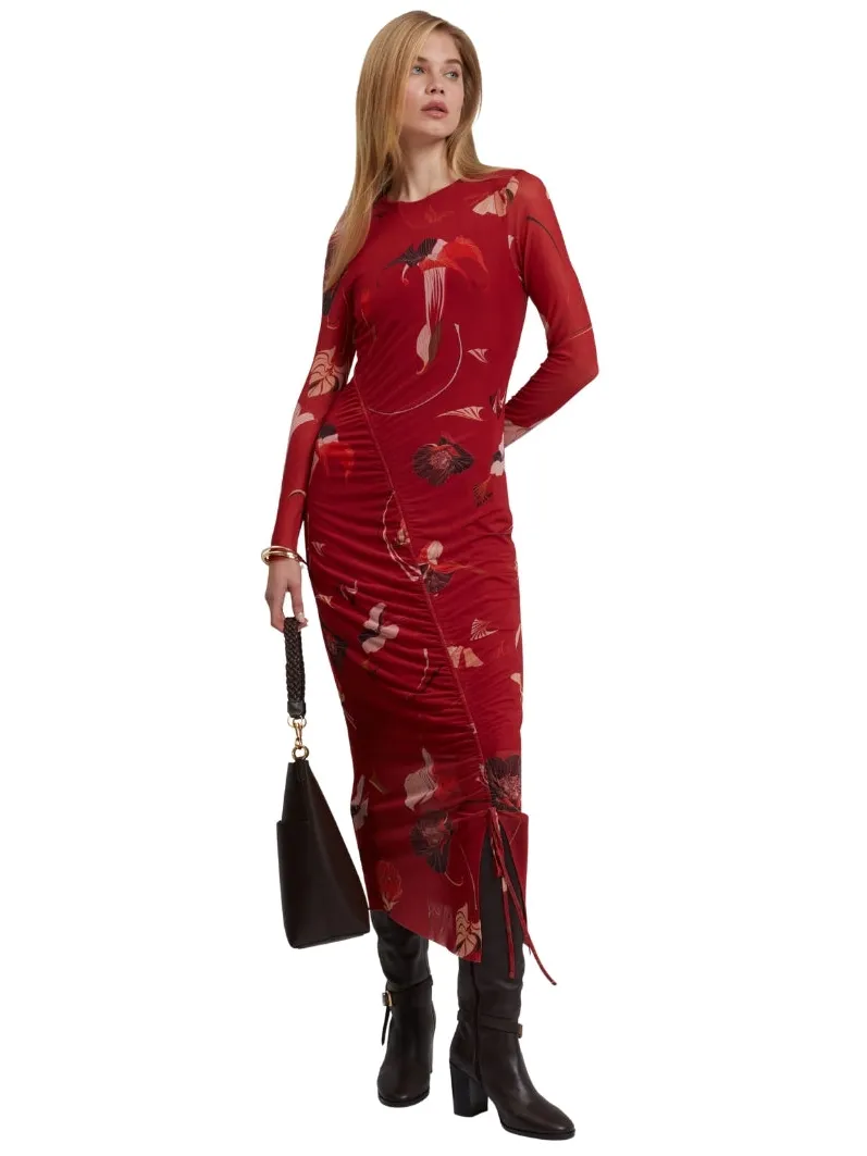 Ted Baker Jazzy Bodycon Mesh Gathered Red Midi Dress Donkerrood
