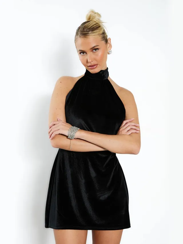 boohoo Dames Fluwelen mini-jurk met hoge halslijn Zwart