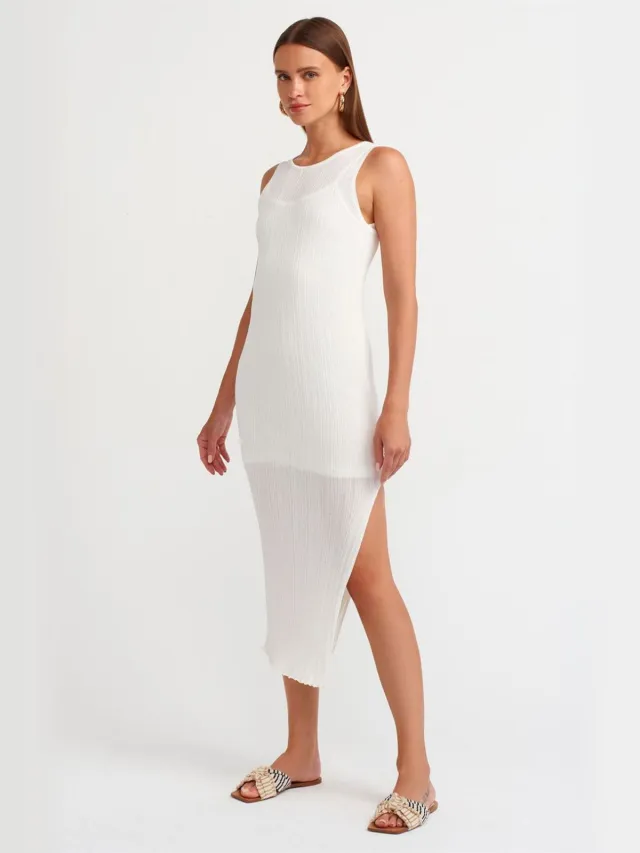 Dilvin Geribbelde Mouwloze Bodycon Midi Dress Wit