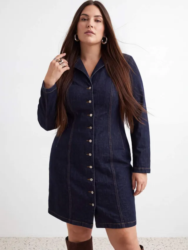 Trendyol Curve Dames Blauw Effen Kort / Mini Lang Bodycon Grote maten Jurk Donkerblauw