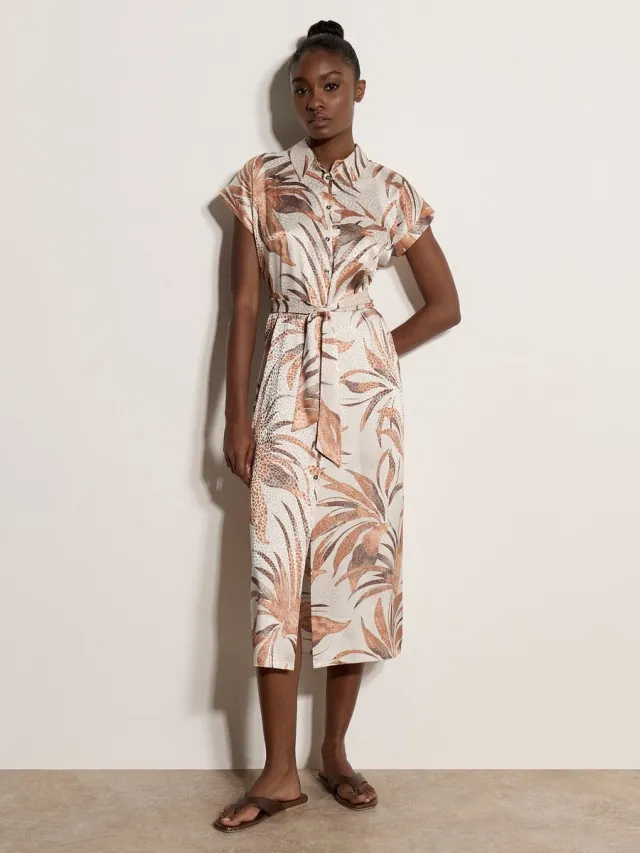 Apricot Midi-jurk van satijn met tropisch bladmotief Steen