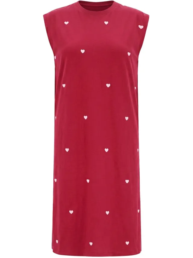 Studio Untold Dames - Midi-jurk oversized jersey hartjes print mouwloos - Donkerrood - Maat 50+