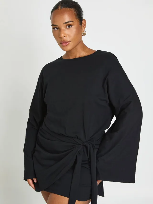 boohoo Dames Plus Katoenen Elastaan Mini Jurk Met Strikdetail Zwart