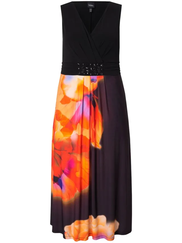 Ulla Popken Dames - Maxi-jurk XL-bloemen A-lijn V-hals mouwloos - Zwart - Maat 54+