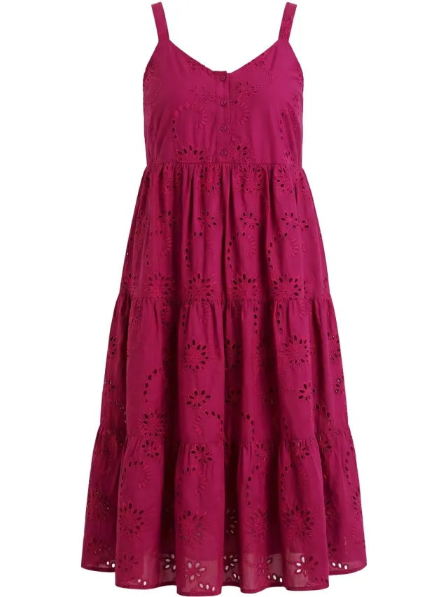 Studio Untold Dames - Midi-jurk met bandjes A-lijn borduursel in oogjes - Donkermauve - Maat 54+