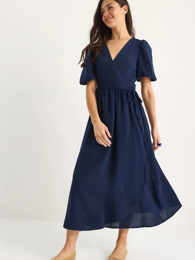 Bianco Lucci Gestructureerde V-hals Midi-jurk met Wikkelsluiting Marineblauw