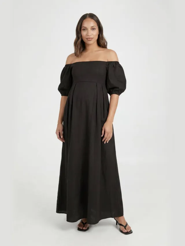 boohoo Dames Zwangerschaps Linnen Pofmouw Bardot Maxi Jurk Zwart