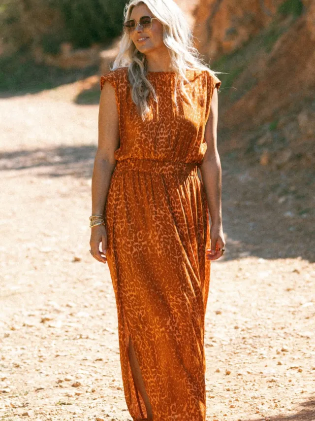 Bolina Island maxi jurk met panterprint oranje