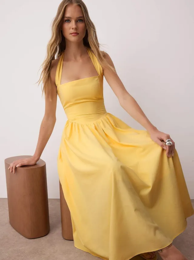 Trendyol TRENDYOLMİLLA Dames Geel Effen Maxi Mouwloos Avond / Dagelijks Skater Jurken