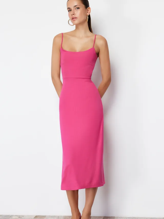 Trendyol TRENDYOLMİLLA Dames Roze Effen Midi Mouwloos Avond / Dagelijks Bodycon Jurken Fuchsia
