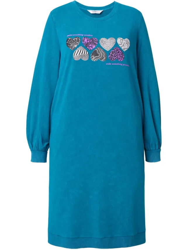 Angel of Style Dames - Sweatjurk straight fit printmotief lange ballonmouw - Saffier