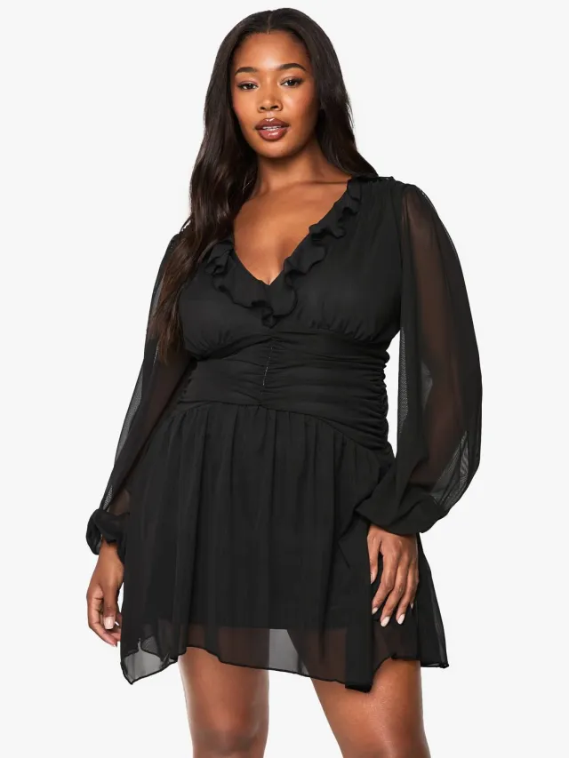 boohoo Dames plus mesh rokjurk met ruches en skaterjurk Zwart