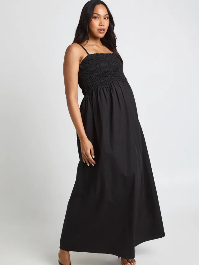 boohoo Dames Zwangerschaps Katoenen Poplin Gesmockte Bandjes Maxi Jurk Zwart