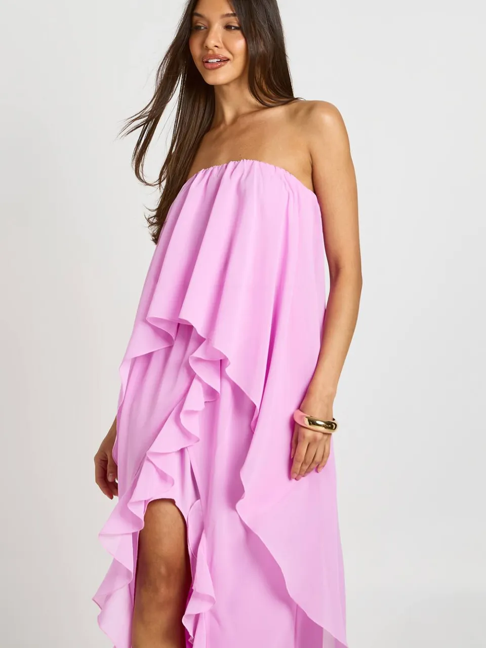 boohoo Dames Chiffon Gelaagde Ruches Bandeau Maxi Jurk roze, foto 4